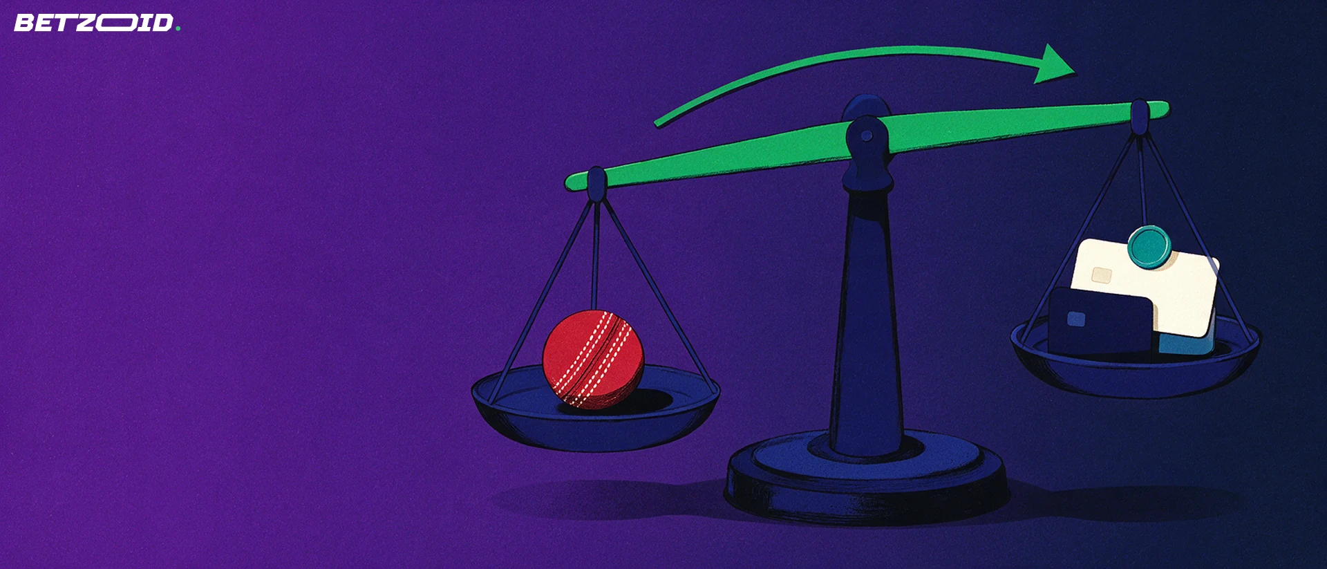 Illustration of a balance scale weighing a cricket ball against a stack of blank payment cards and a coin