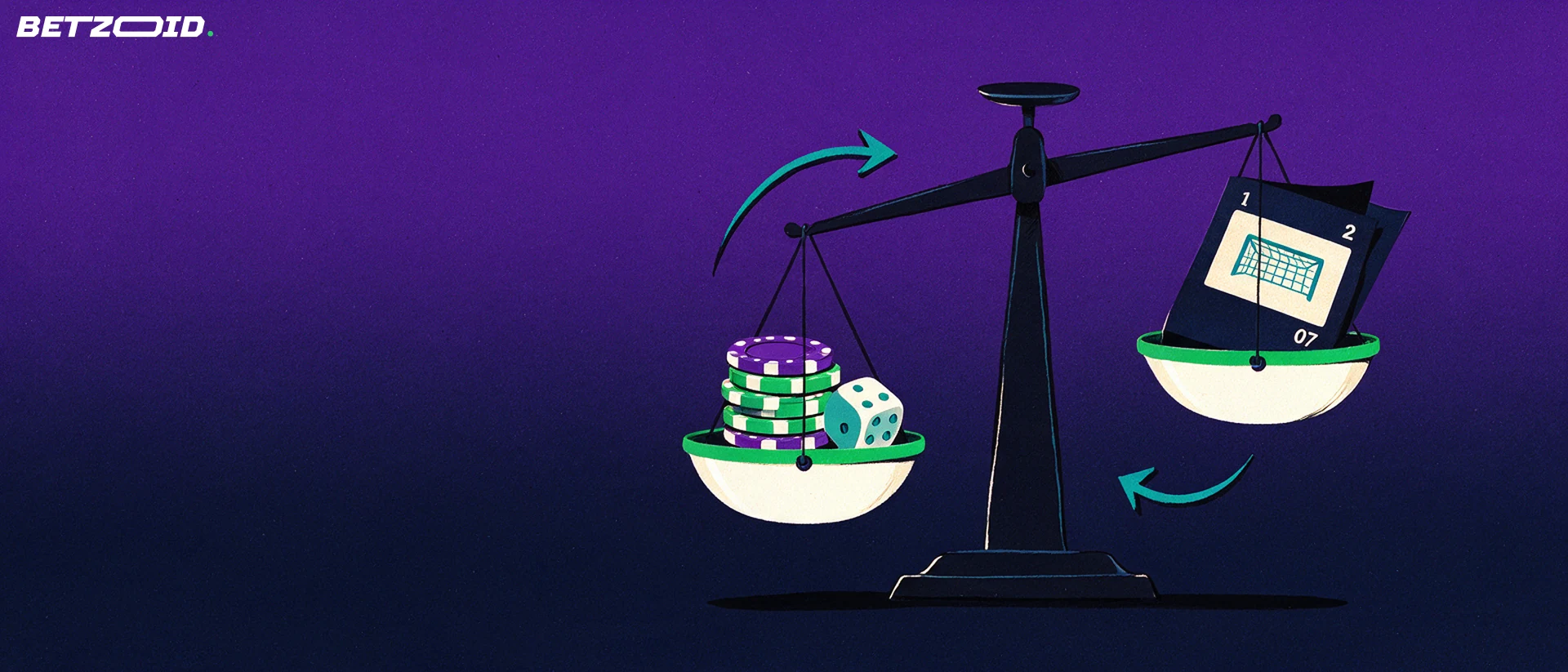 Ilustración de una balanza que compara fichas de casino y un dado con un cupón de apuestas deportivas