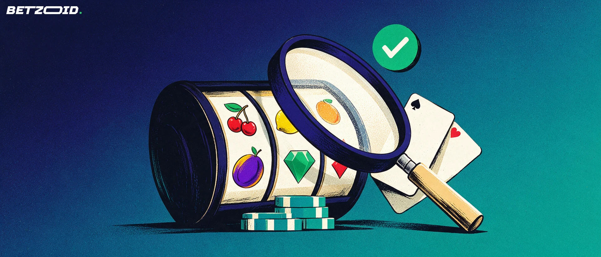 Illustration of a magnifying glass inspecting a slot machine reel, playing cards and casino chips.