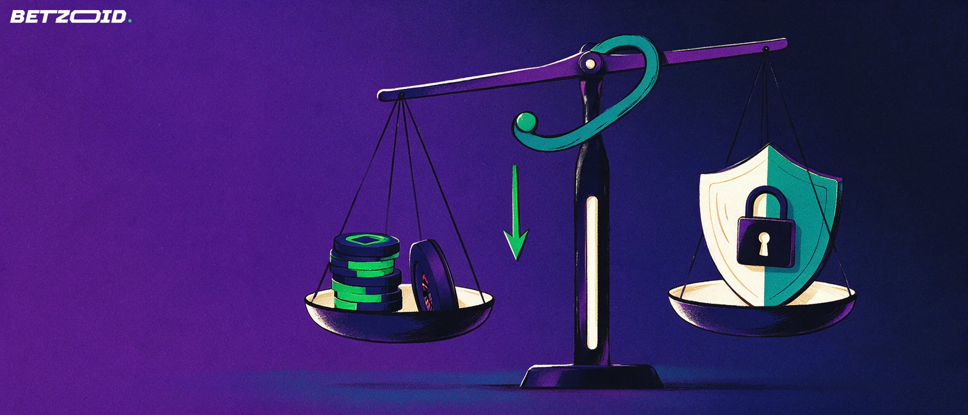 Illustration of a balance scale weighing casino chips and a roulette wheel against a padlock shield.