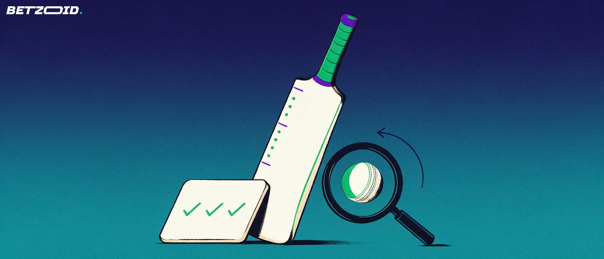 Illustration of a magnifying glass inspecting a cricket ball beside an upright cricket bat and a checklist with tick marks.