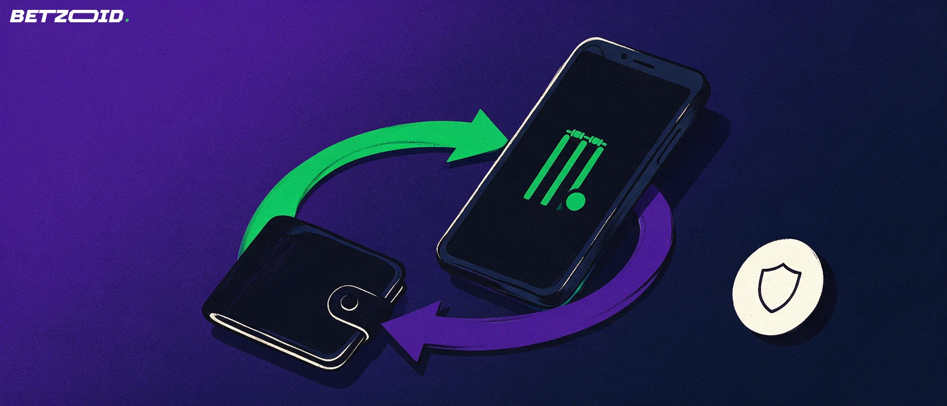 Illustration of a tilted smartphone with a cricket symbol on screen, circled by two arrows looping through a wallet to show deposits and withdrawals.