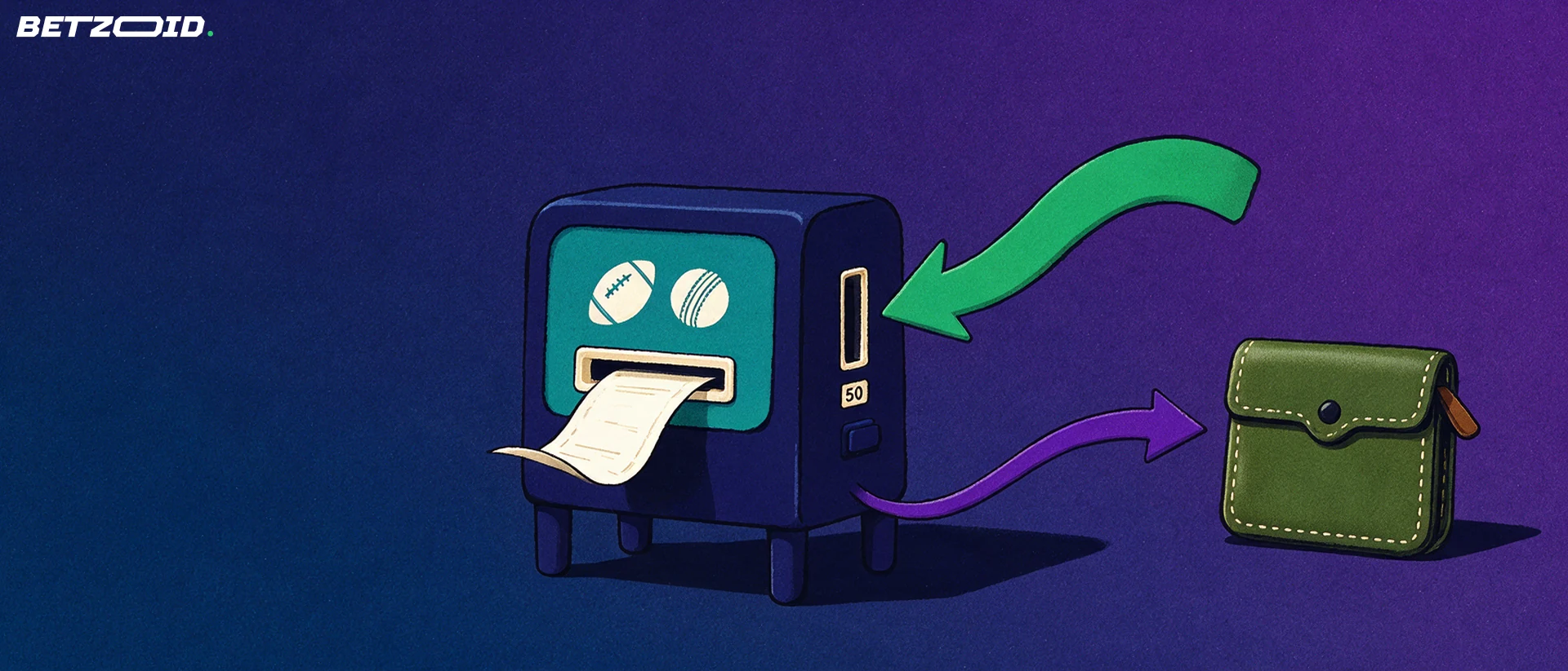 Illustration of a betting ticket machine printing a slip, with arrows showing money flowing in from a wallet and back out again.