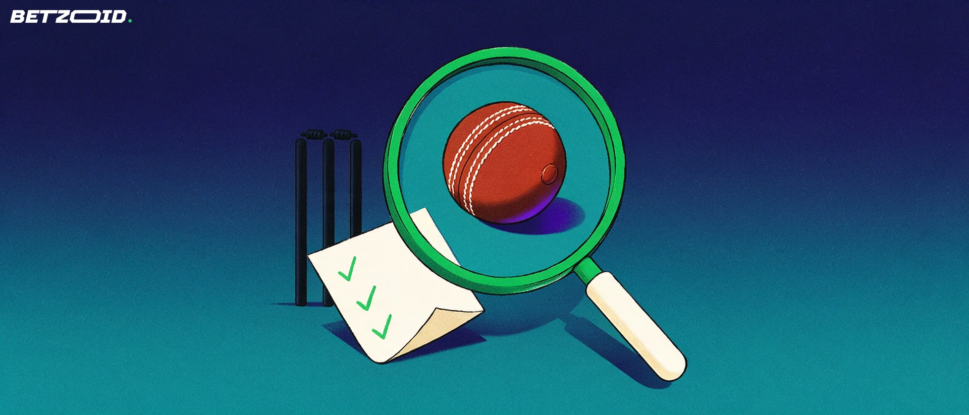 Illustration of a large magnifying glass enlarging a cricket ball, with a ticked betting slip and cricket stumps behind it.