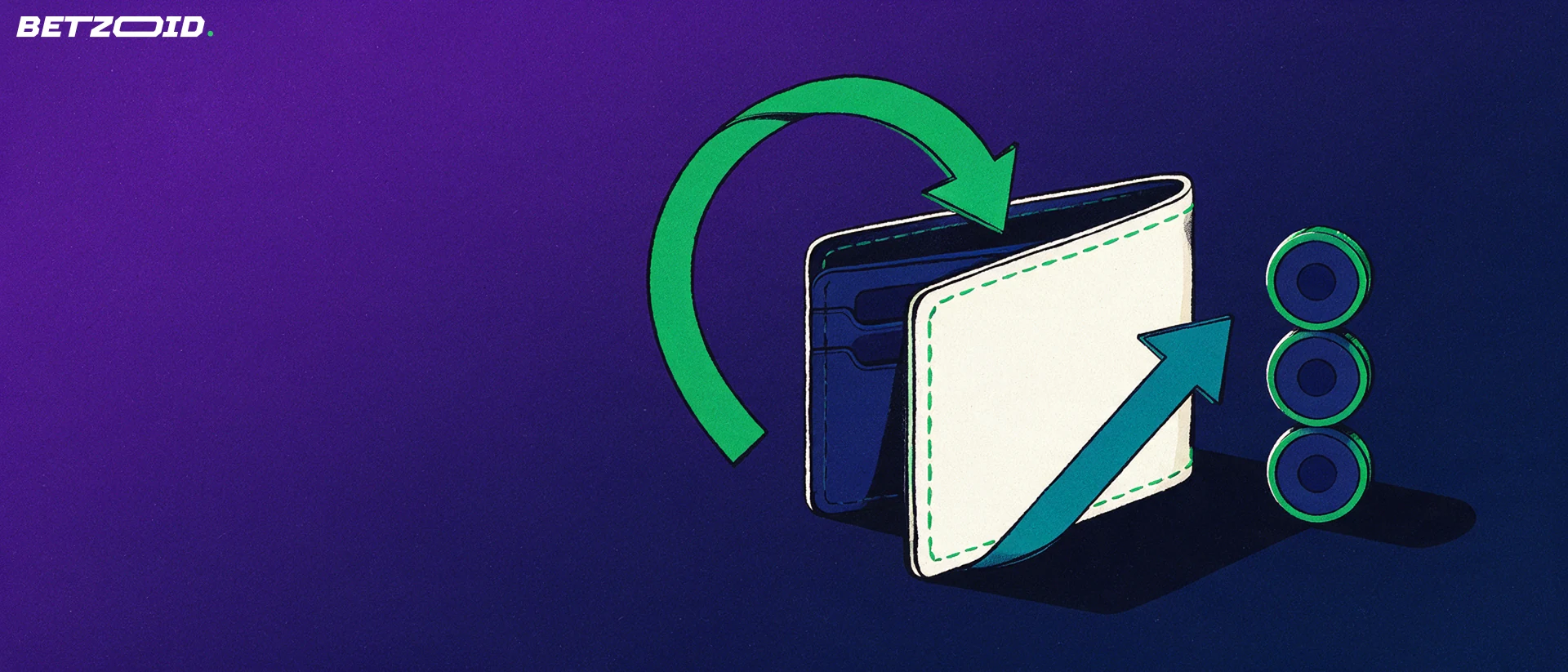 Illustration of a wallet with two curved arrows showing deposits going in and withdrawals going out, beside a small stack of plain coins.