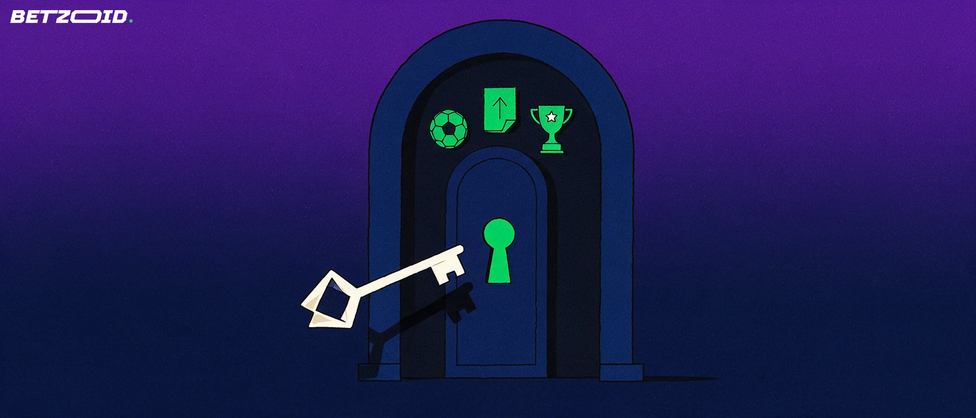Ilustración de una llave grande que apunta al ojo de una cerradura en un arco, con un balón, un boleto de apuestas y un trofeo al fondo.