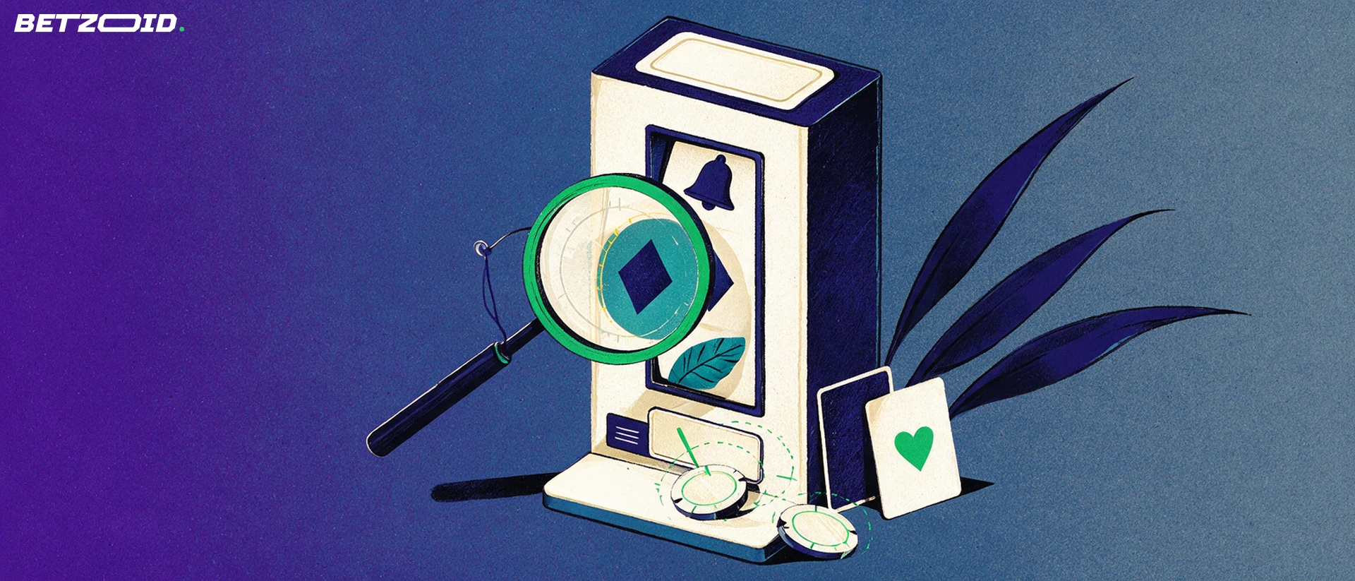 Illustration of a slot machine reel with bell, diamond and leaf symbols examined through a large magnifying glass, with two playing cards leaning at its base.
