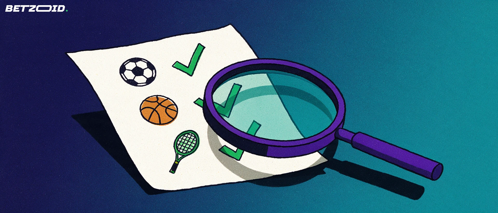 Ilustración de una gran lupa que examina un boleto de apuestas con iconos de fútbol, baloncesto y tenis marcados con visto bueno.