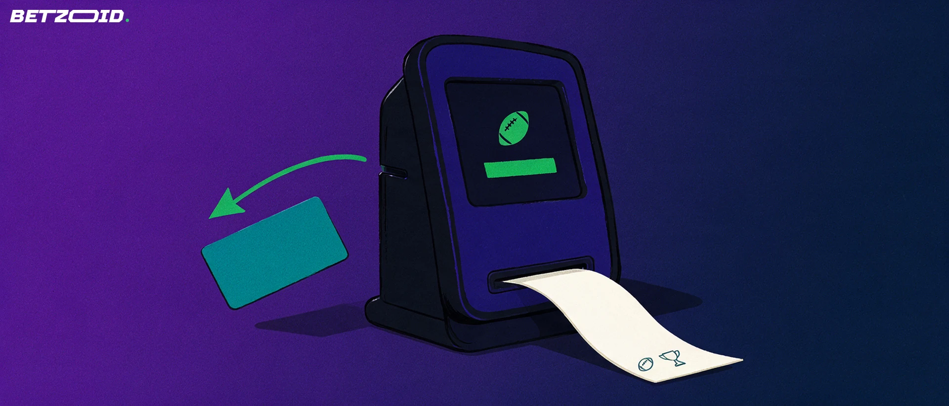 Ilustración de un terminal de apuestas con un símbolo de balón en la pantalla, un boleto impreso saliendo y una tarjeta de pago con una flecha verde.