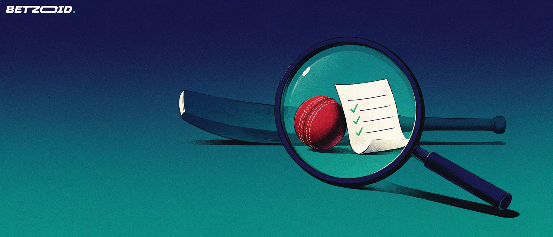 Illustration of a magnifying glass over a cricket ball and a betting slip marked with green ticks