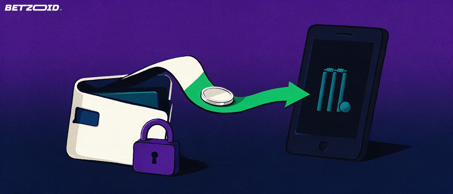 Illustration of a wallet, a blank coin on a green arrow and a phone showing a cricket symbol