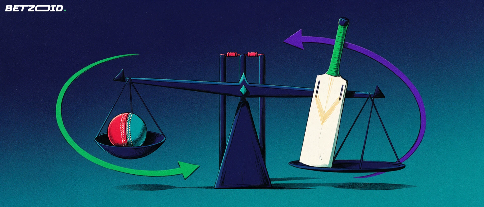 Illustration of a balance scale holding a cricket ball and a cricket bat, with two opposing curved arrows between them and stumps behind.