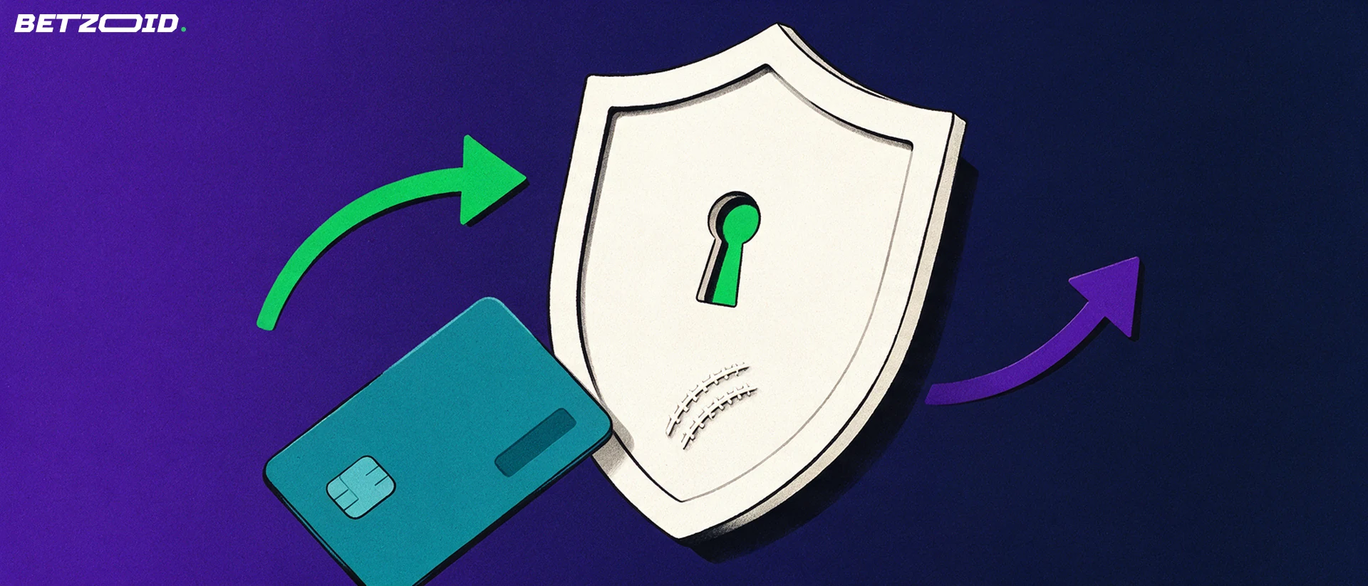 Illustration of a shield with a keyhole and cricket ball seam mark, a plain payment card sliding toward it and arrows flowing in and out.