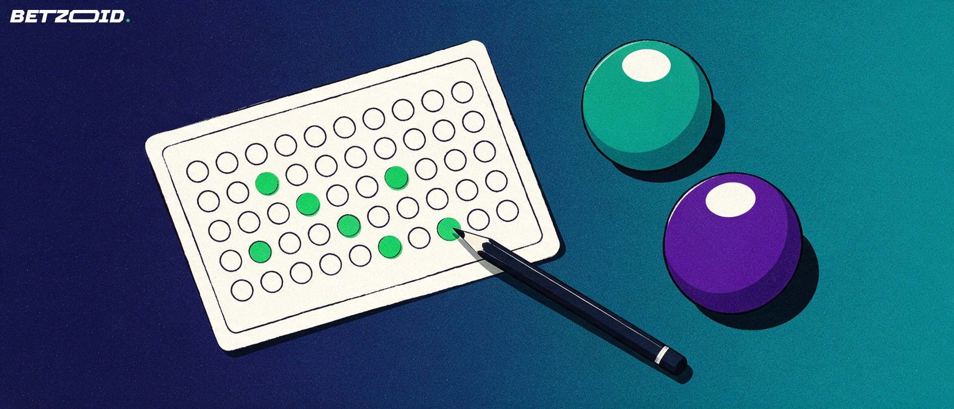 Illustration of a lottery betting slip with marked circles, a pencil and two lottery draw balls on a navy background.