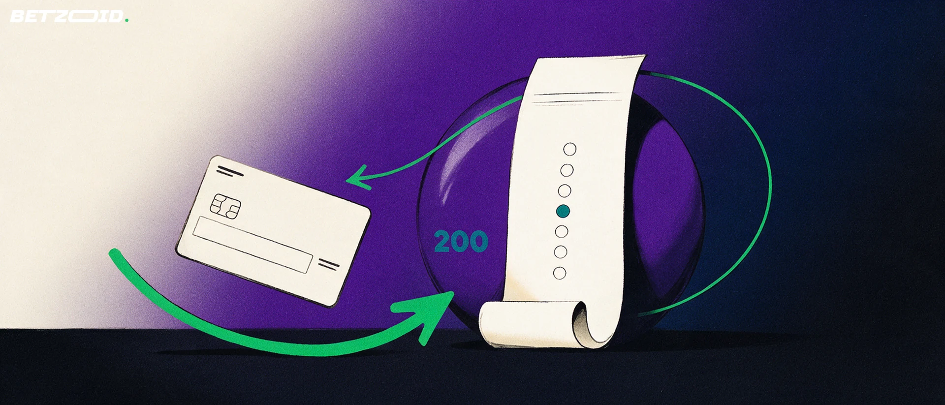 Illustration of an unbranded bank card following an arrow to a long lottery betting receipt with a large ball behind it.