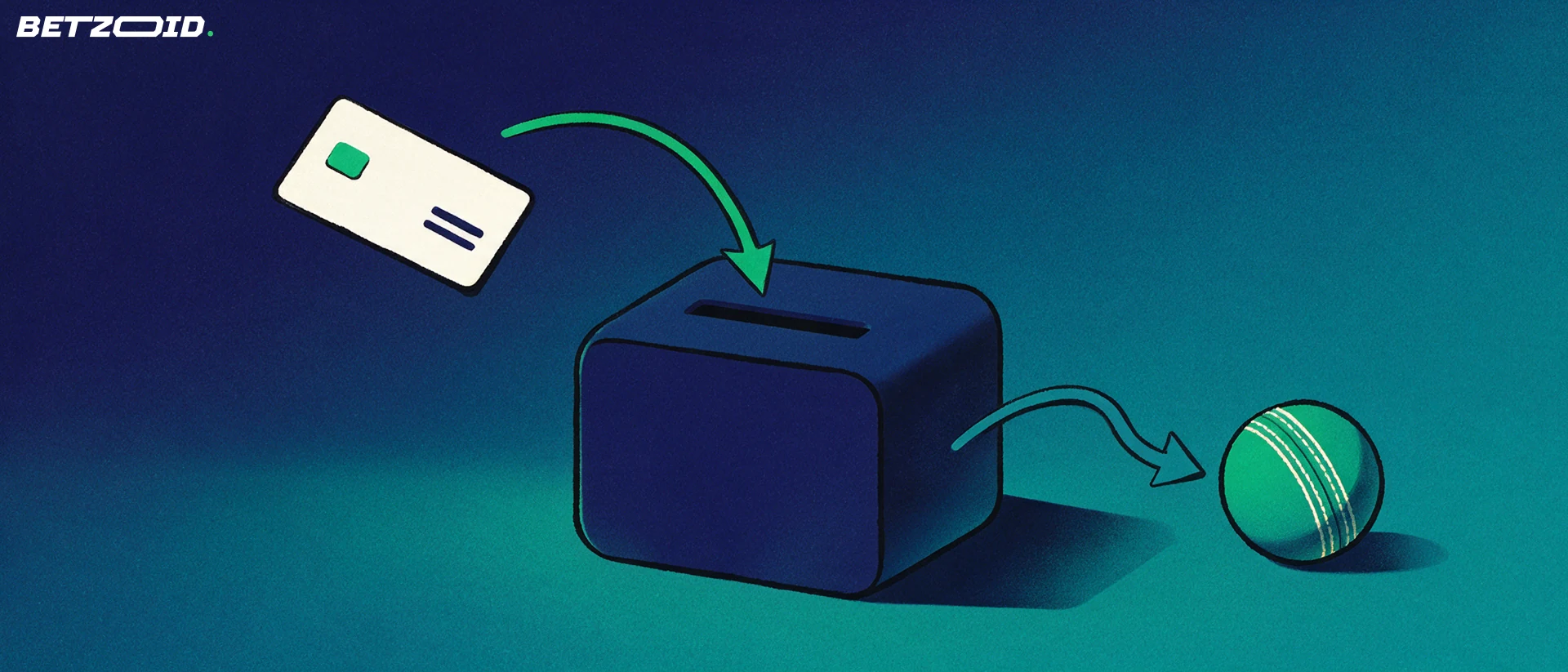 Illustration of a bank card sliding into a payment terminal with curved arrows leading to a cricket ball.
