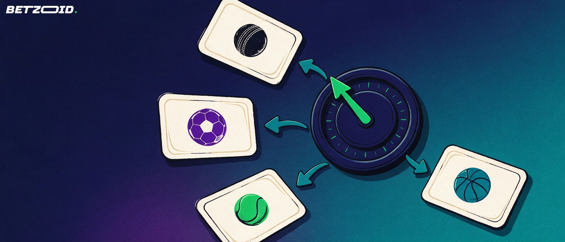 Illustration of a circular selector dial surrounded by fanned cards showing cricket, football, tennis and basketball symbols.