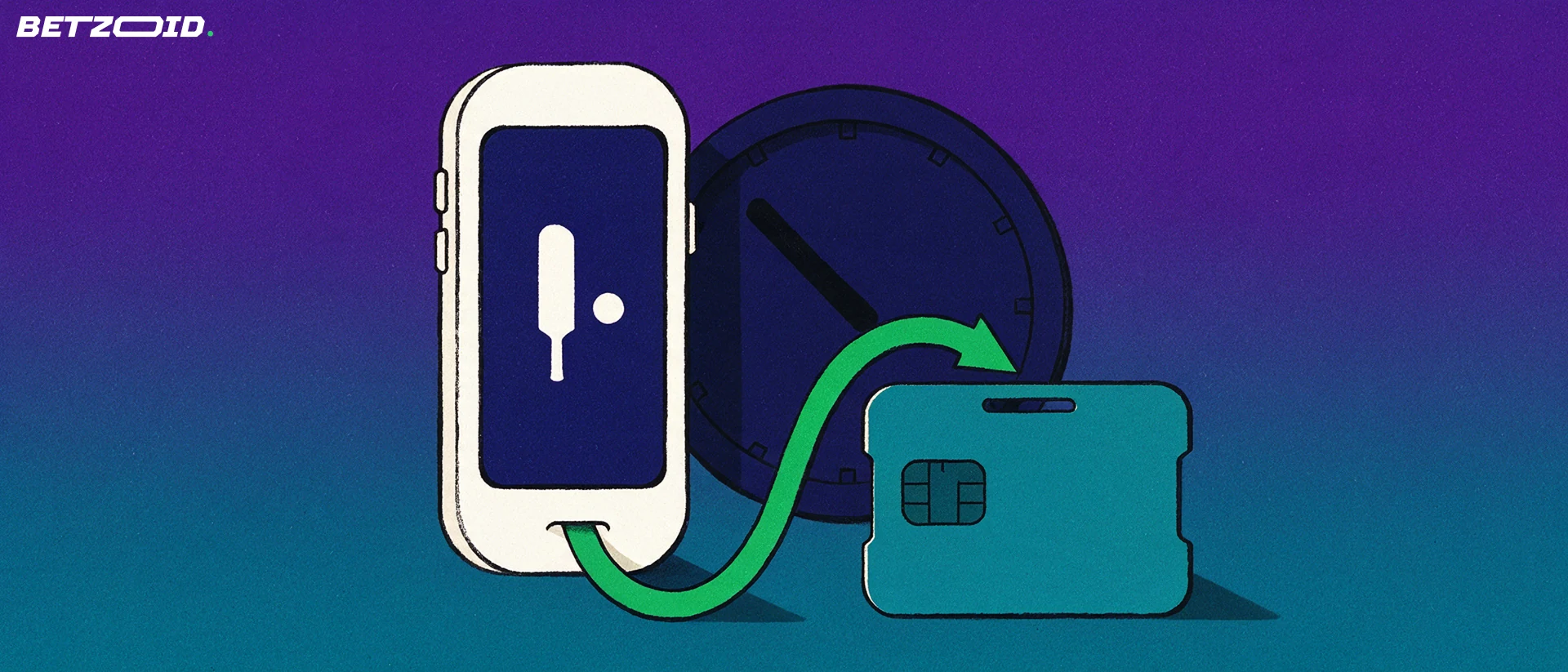 Illustration of a phone with a cricket symbol sending a green arrow into a bank card beside a simple clock.