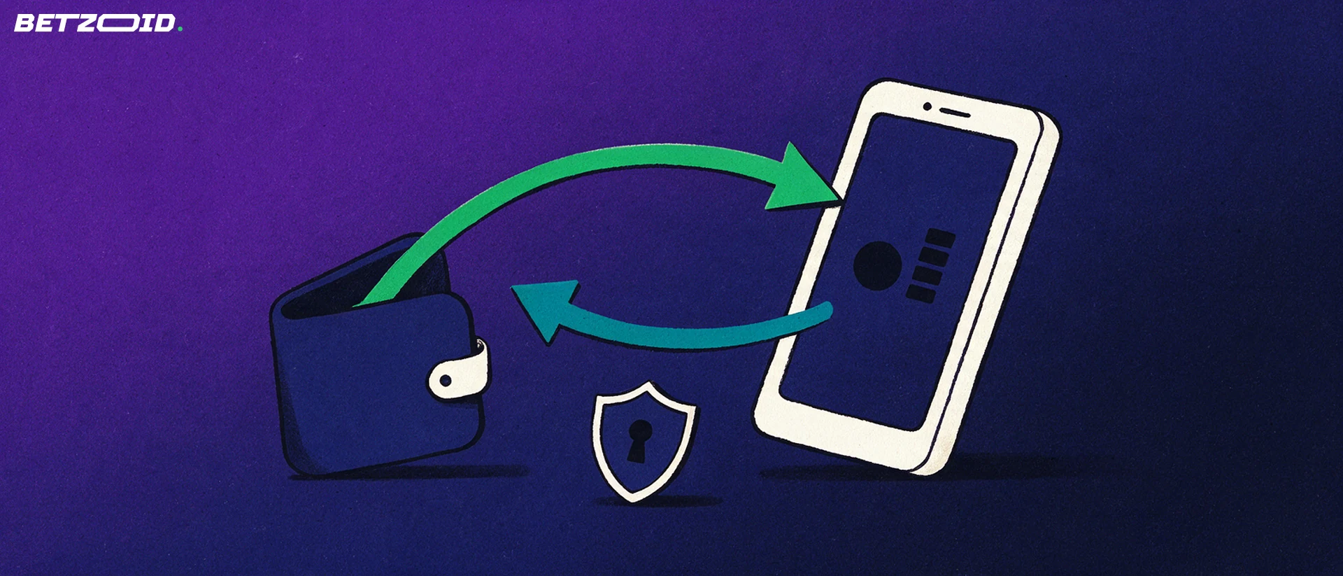 Illustration of a smartphone with a ball symbol linked to an open wallet by two curved arrows and a small shield badge.