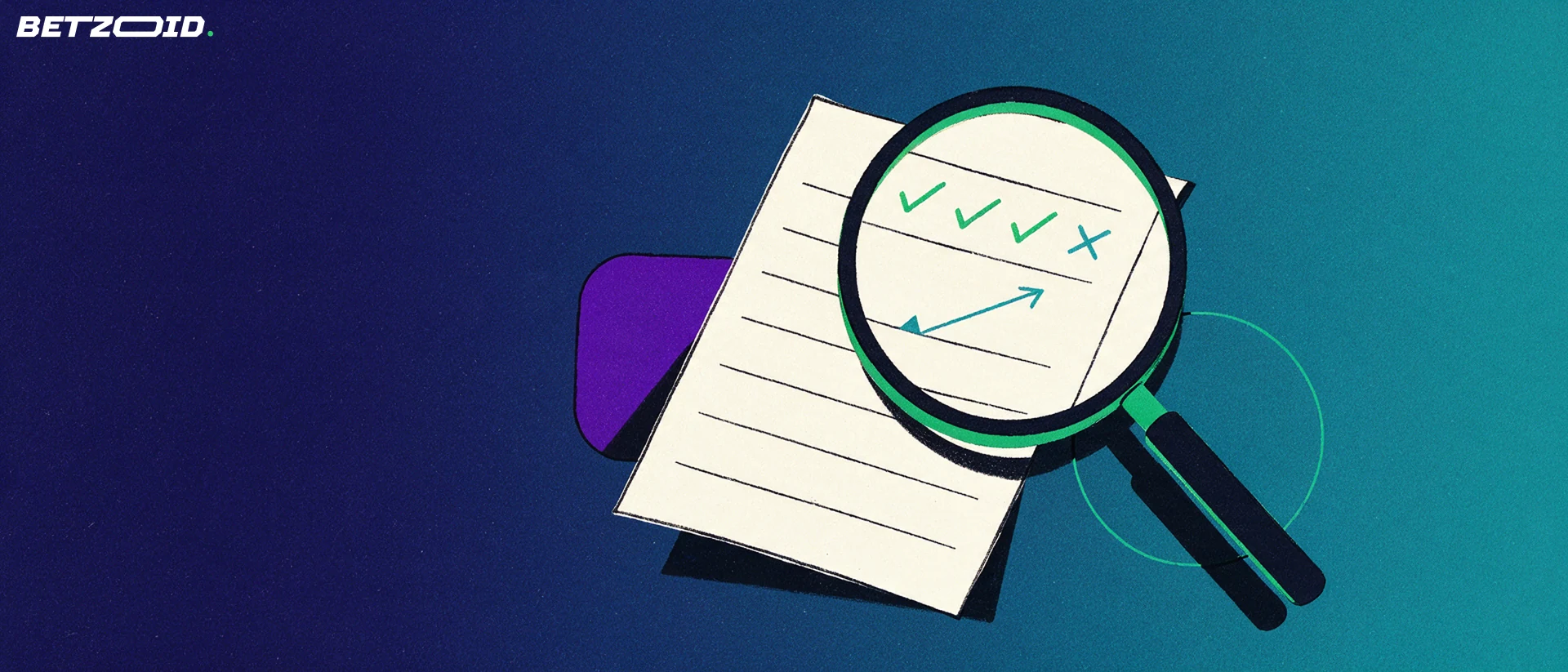 Illustration of a large magnifying glass inspecting a paper betting slip marked with check marks and a rising arrow.