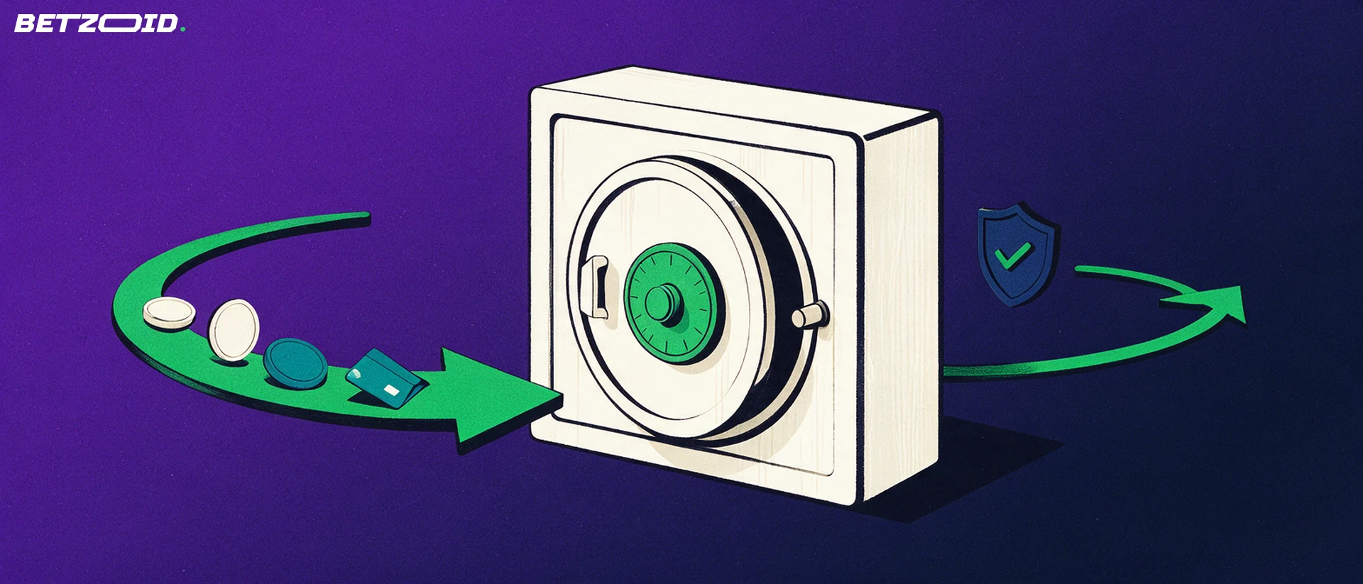 Illustration of a vault with arrows moving coins and a payment card in and out, beside a shield with a check mark.