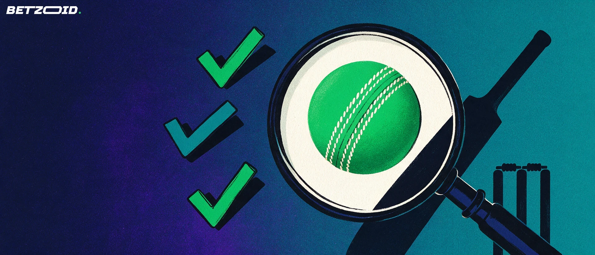 Illustration of a large magnifying glass enlarging a cricket ball, with bat, stumps and three check marks beside it.