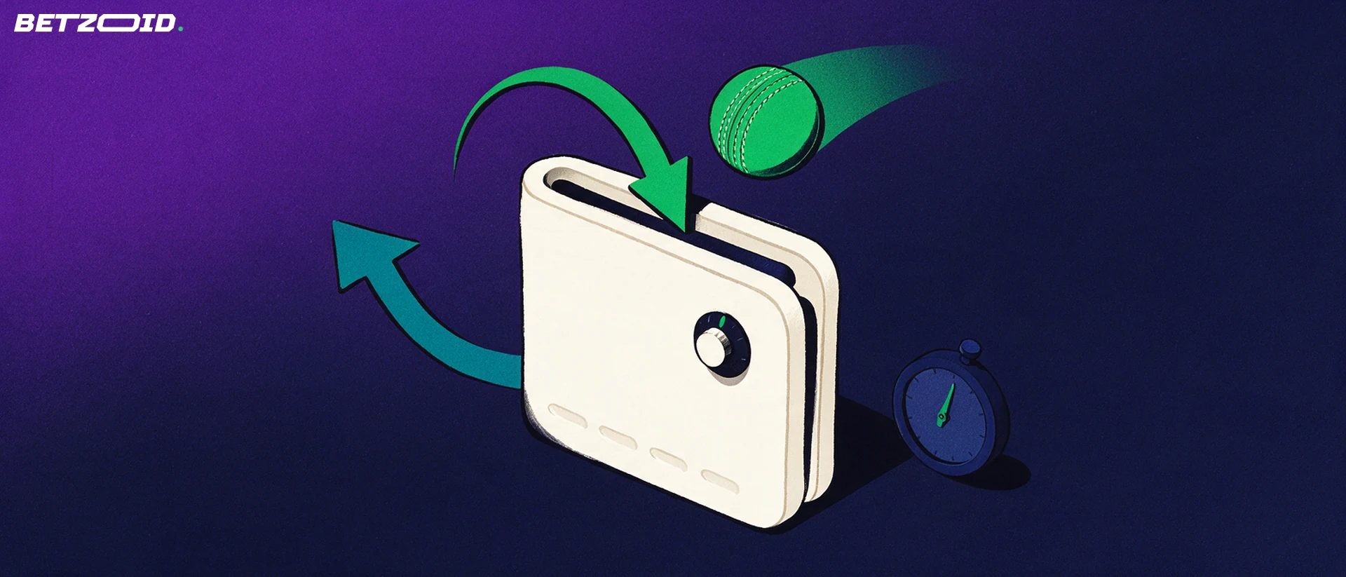 Illustration of a wallet-shaped vault with a cricket ball entering its slot, two arrows showing deposits and withdrawals, and a small stopwatch.