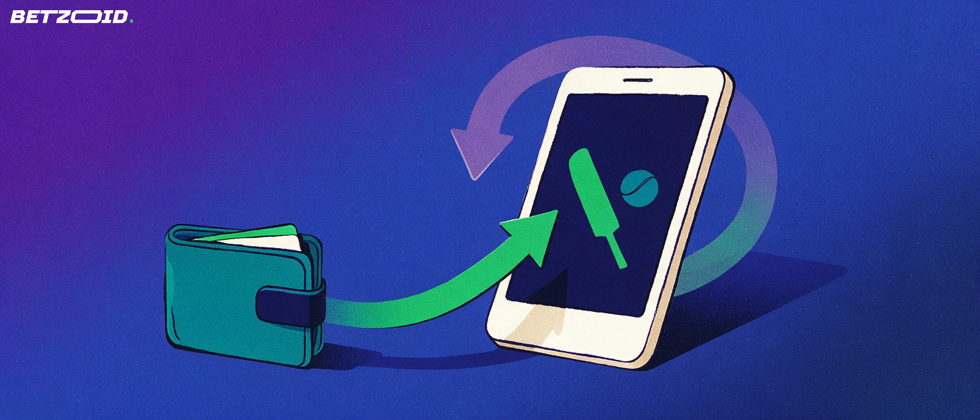 Illustration of a smartphone showing a cricket bat and ball symbol, with a green arrow curving from an open wallet into the phone.