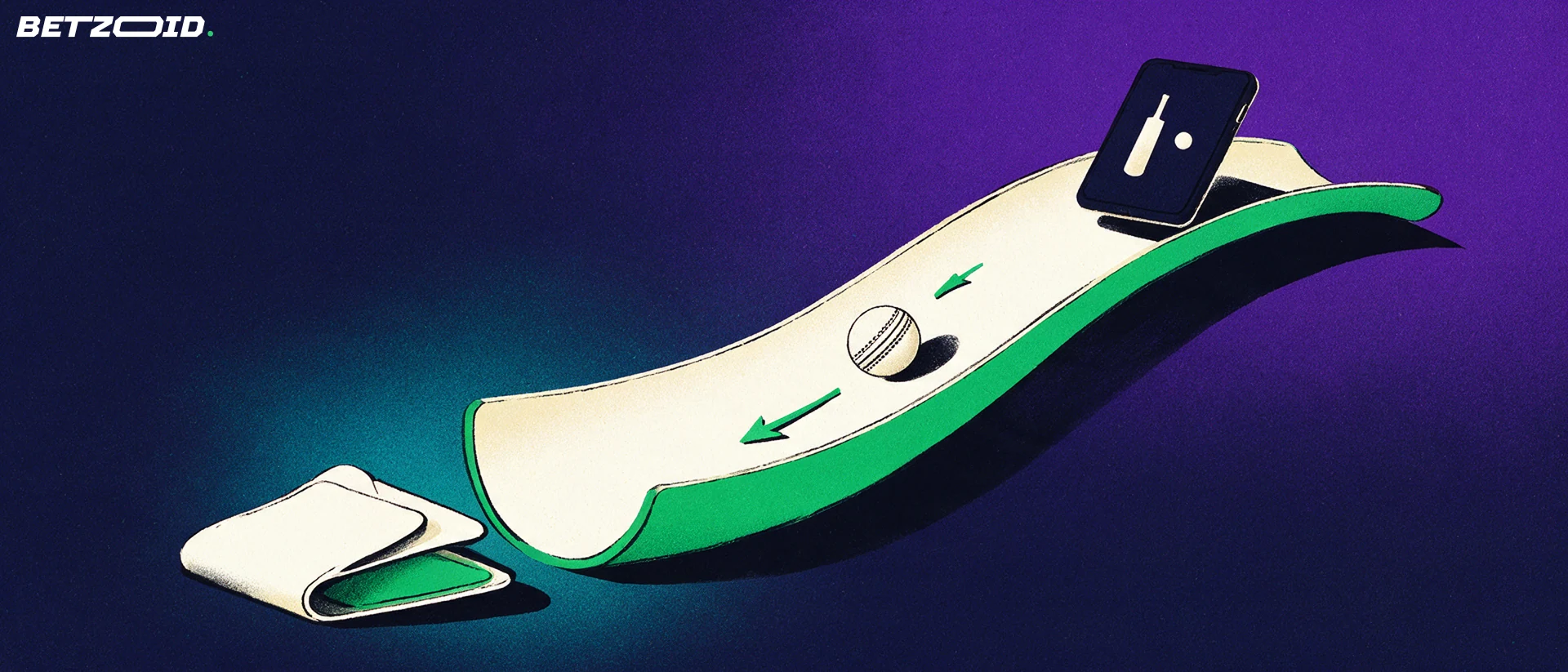 Illustration of a cricket-ball token rolling down a curved ramp from a small phone into an open wallet.