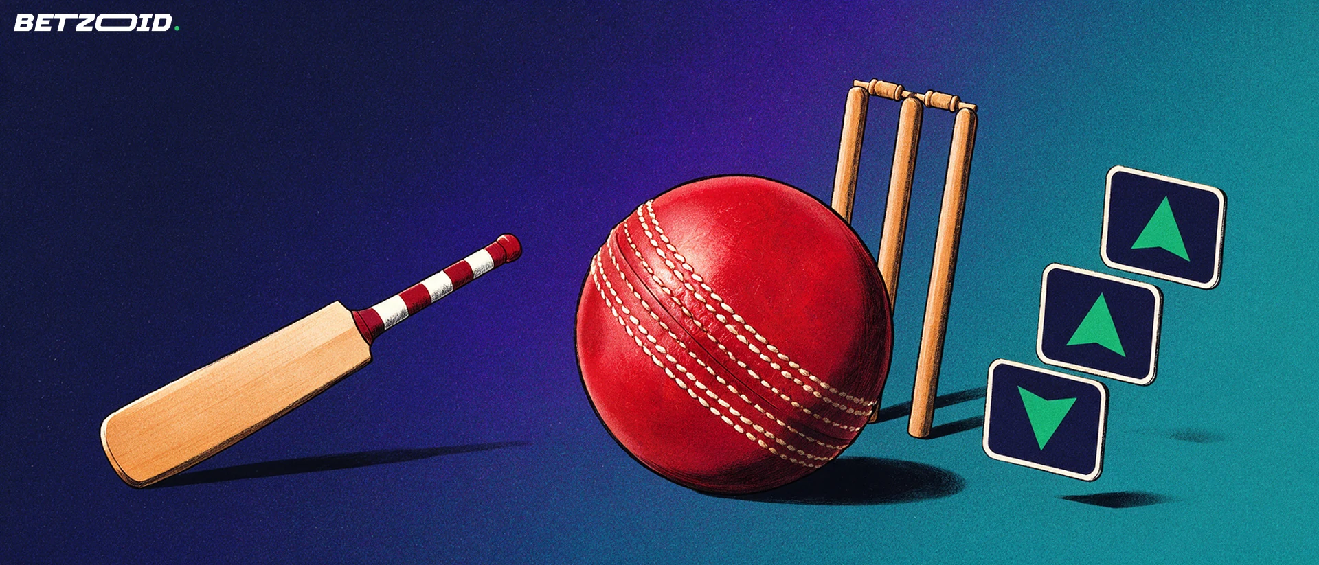 Illustration of a large cricket ball with stumps and a bat beside blank cards showing up and down arrows.