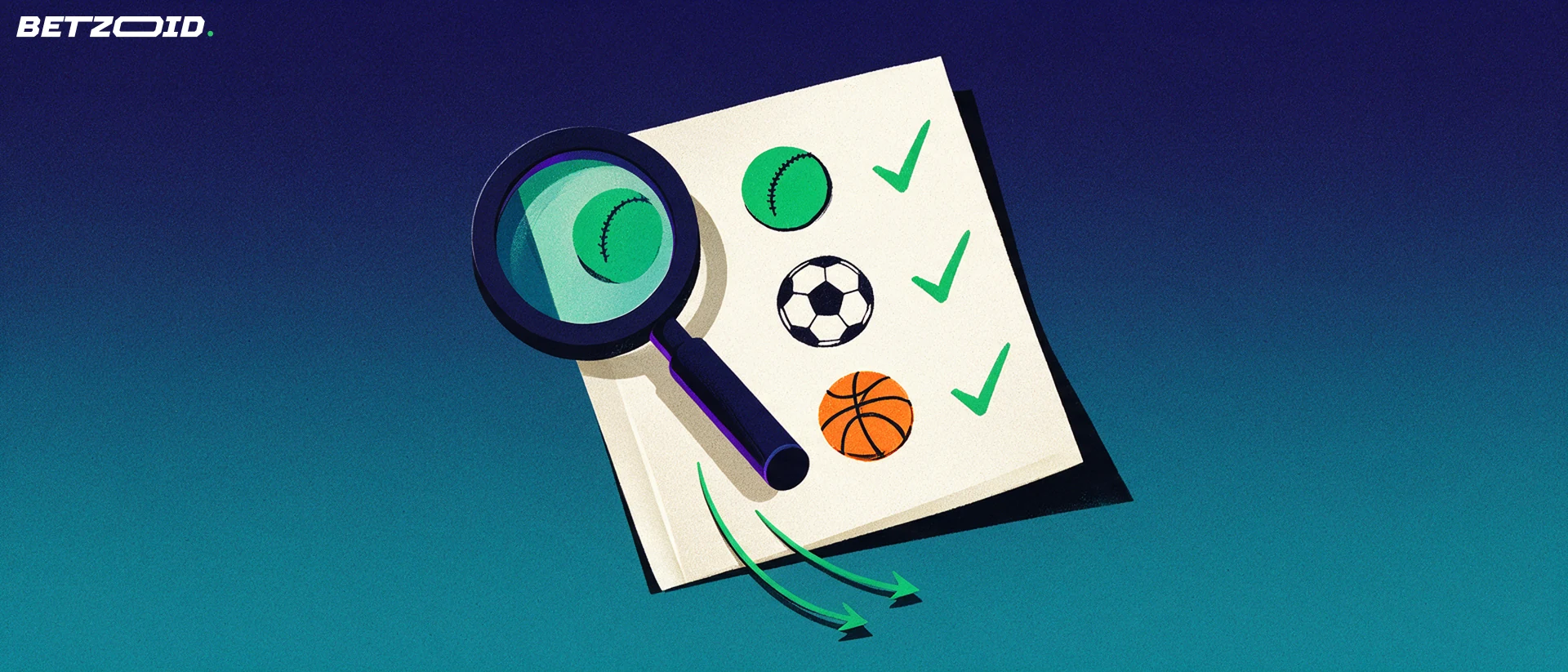 Illustration of a magnifying glass enlarging sport symbols printed on a large paper betting slip.