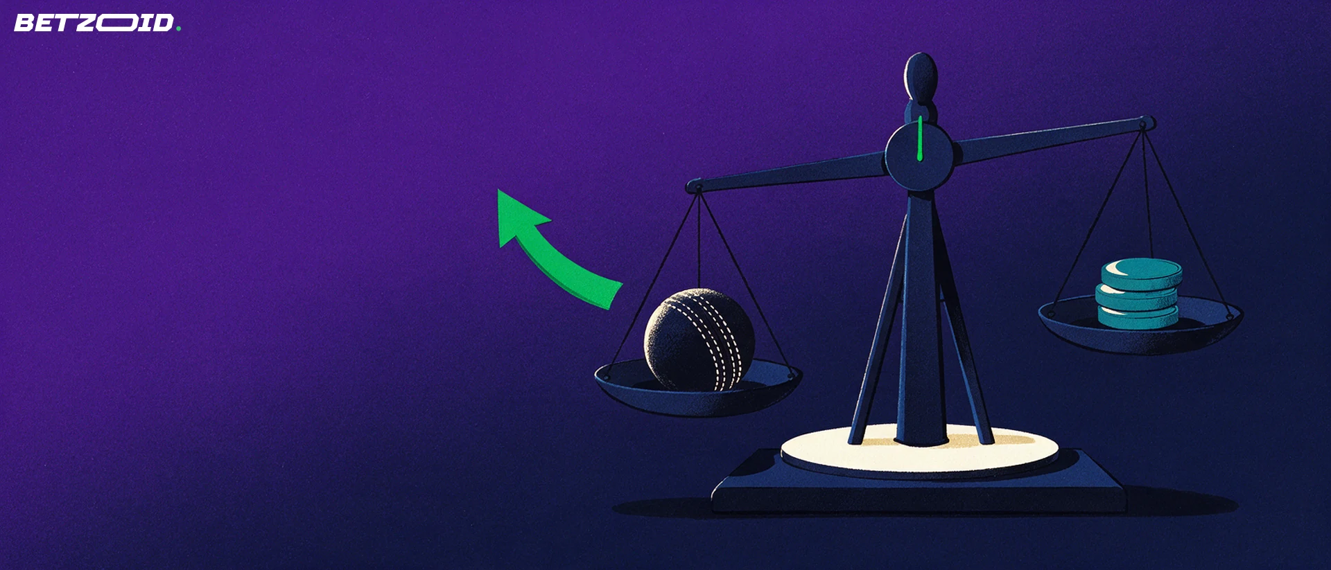 Illustration of a balance scale weighing a cricket ball against a small stack of coins, with a green arrow rising from the heavier side.