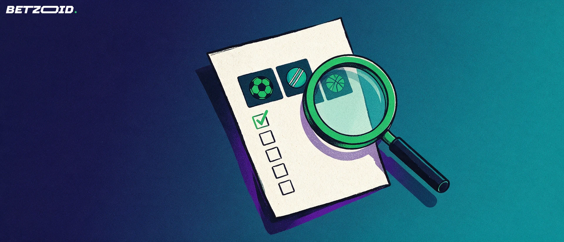 Illustration of a magnifying glass enlarging a paper betting slip marked with football, cricket and basketball symbols and a green tick.