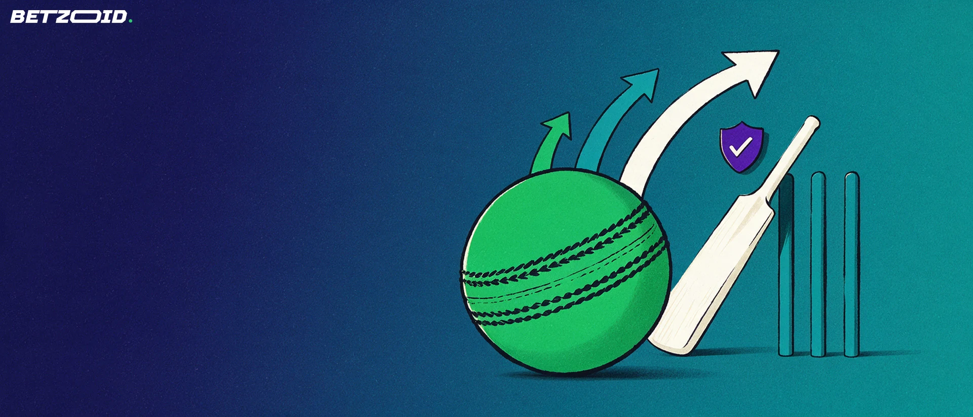 Illustration of a cricket ball, bat and stumps with three upward arrows and a small checkmark shield.