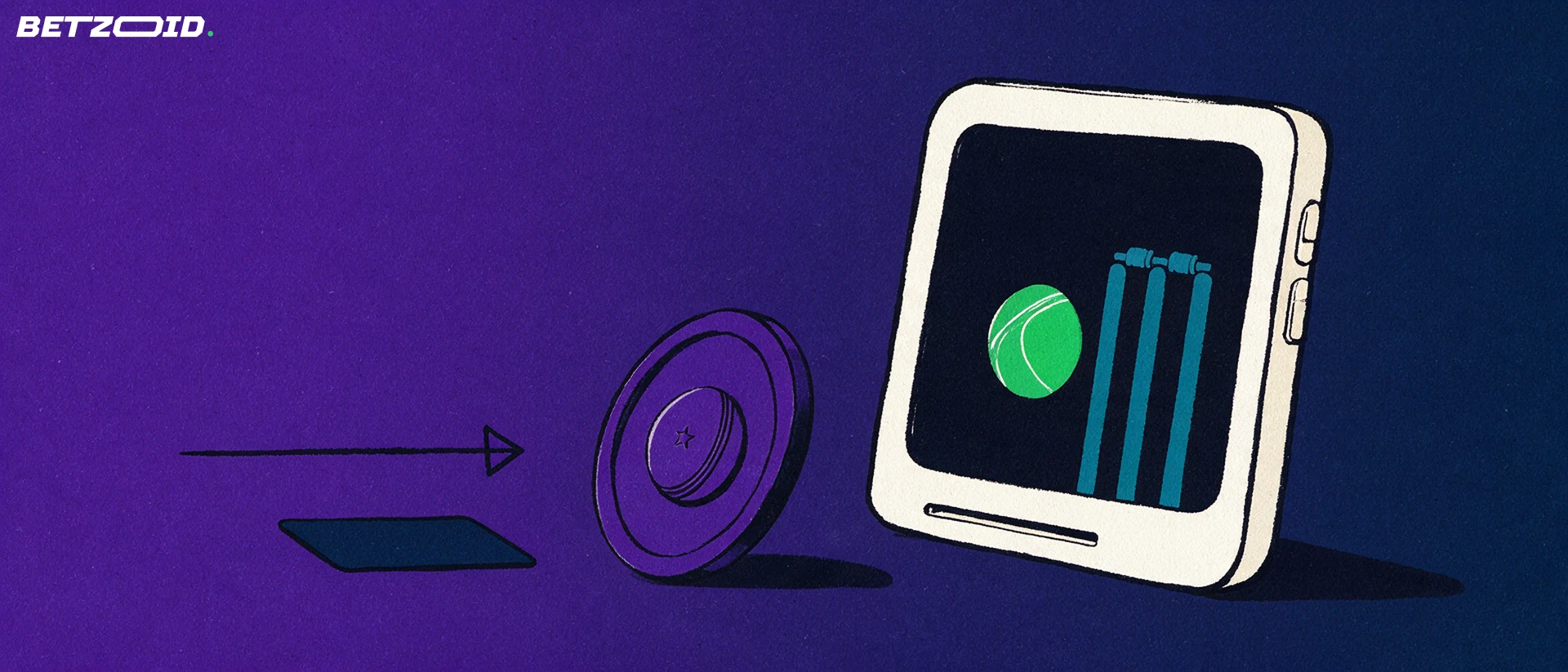 Illustration of a mobile device showing cricket symbols while a coin slides into it along an arrow beside a plain payment card.