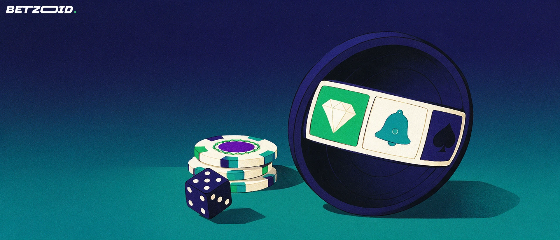 Illustration of a large slot reel drum with diamond, bell and spade symbols beside casino chips and a die