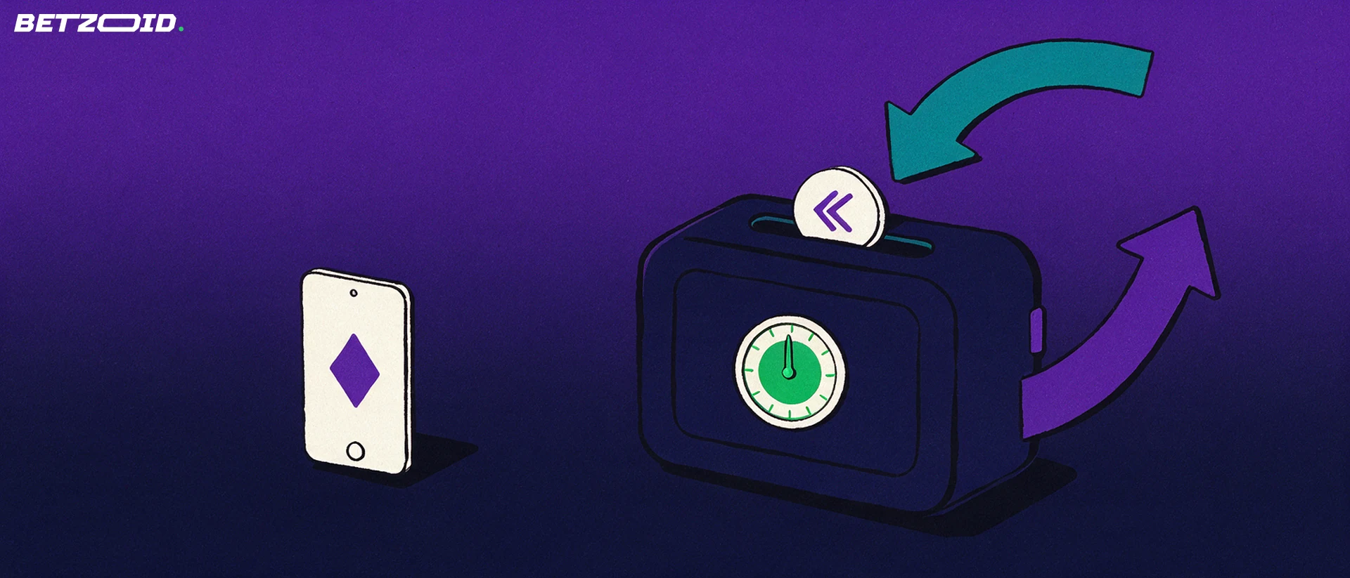 Illustration of a wallet vault with arrows carrying a plain token in and money out, next to a handheld device showing a card-suit symbol