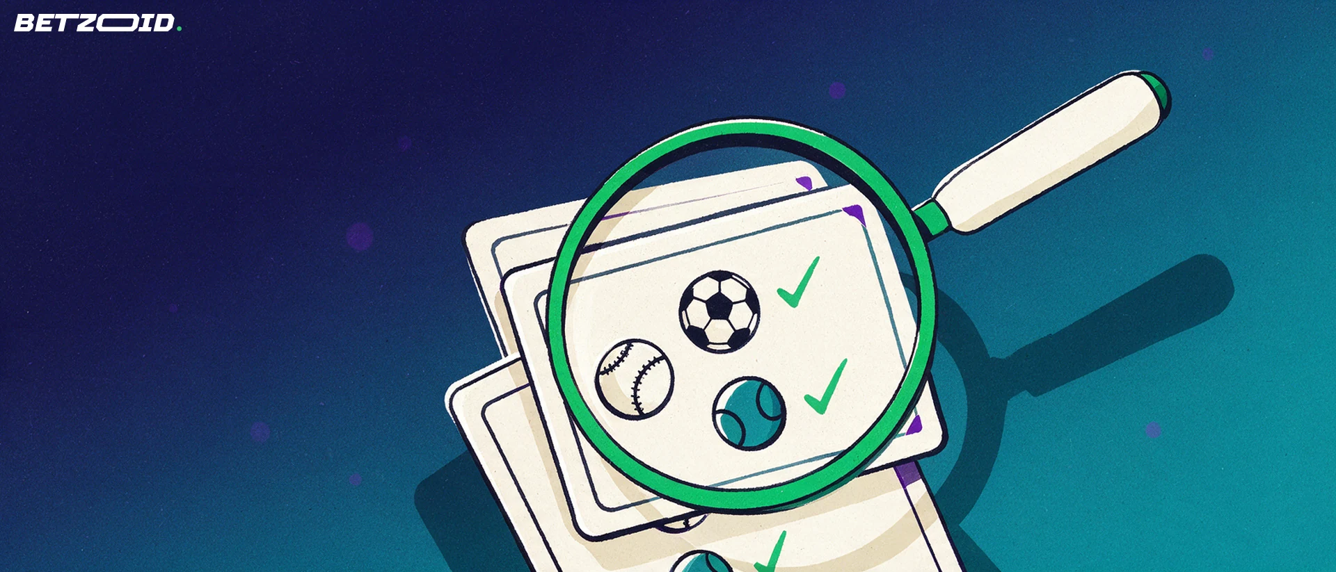 Illustration of a magnifying glass inspecting a stack of betting slips showing cricket, football and tennis symbols.