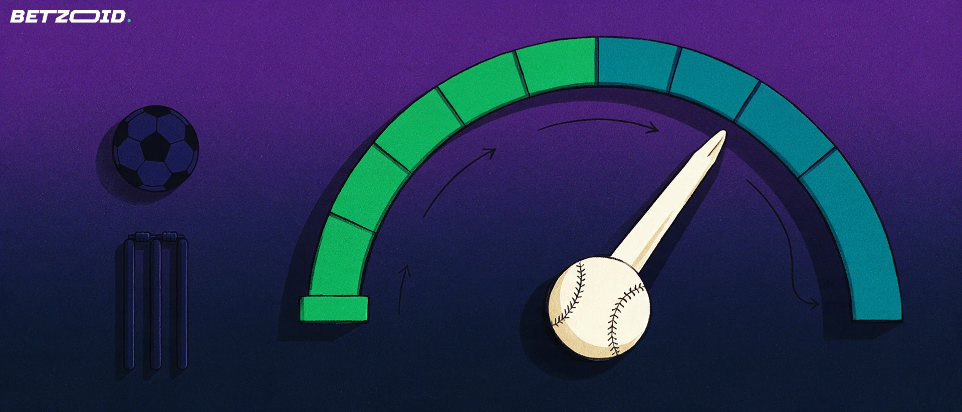 Illustration of a semicircular rating gauge with a needle on a cricket-ball hub beside a football and cricket stumps.