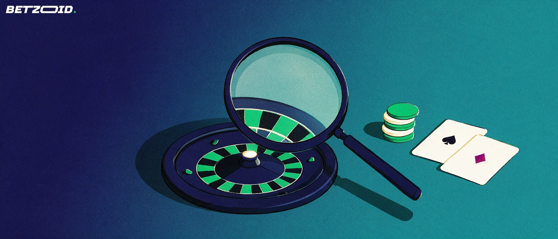 Illustration of a magnifying glass inspecting a roulette wheel, chip stack and two playing cards