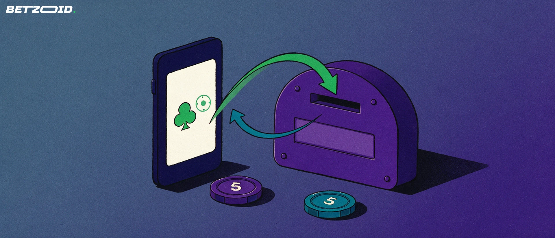 Illustration of a phone with casino game symbols linked by arrows to a wallet with a deposit slot