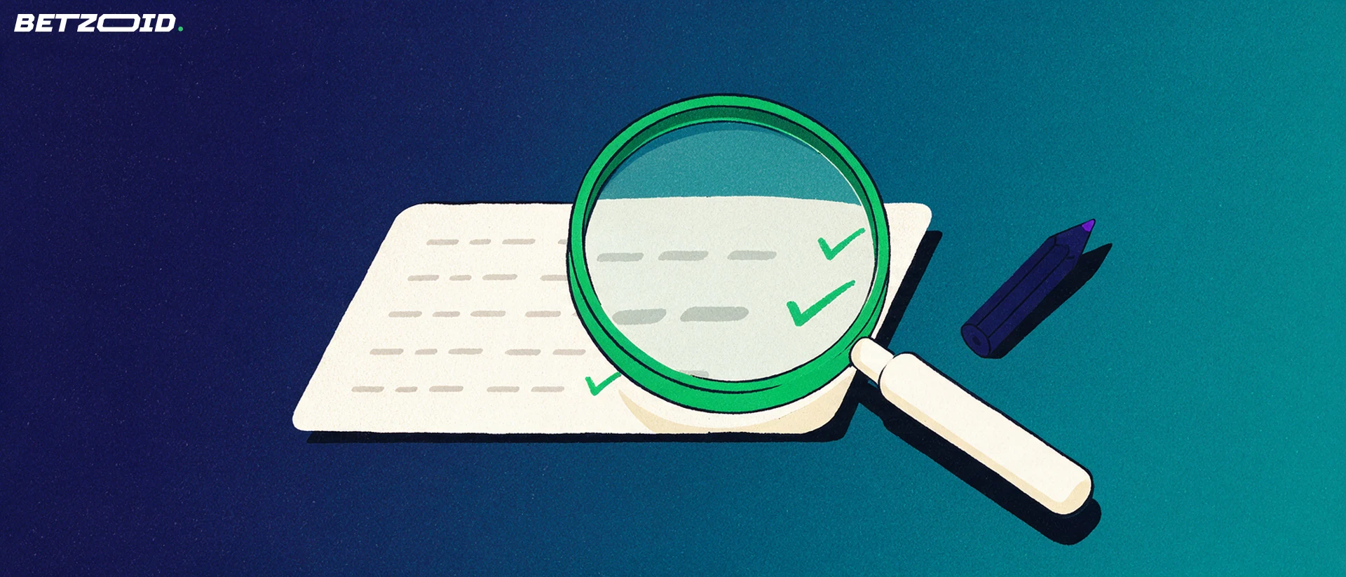 Illustration of a large magnifying glass enlarging rows of ticks on a paper betting slip