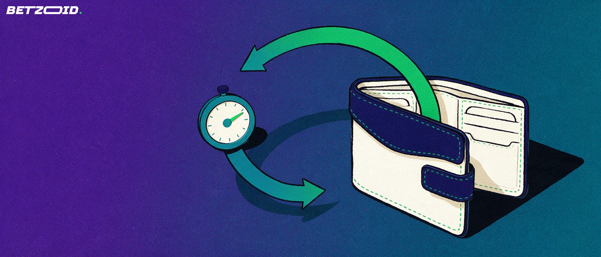 Illustration of an open wallet with a two-way arrow loop and a stopwatch beside it