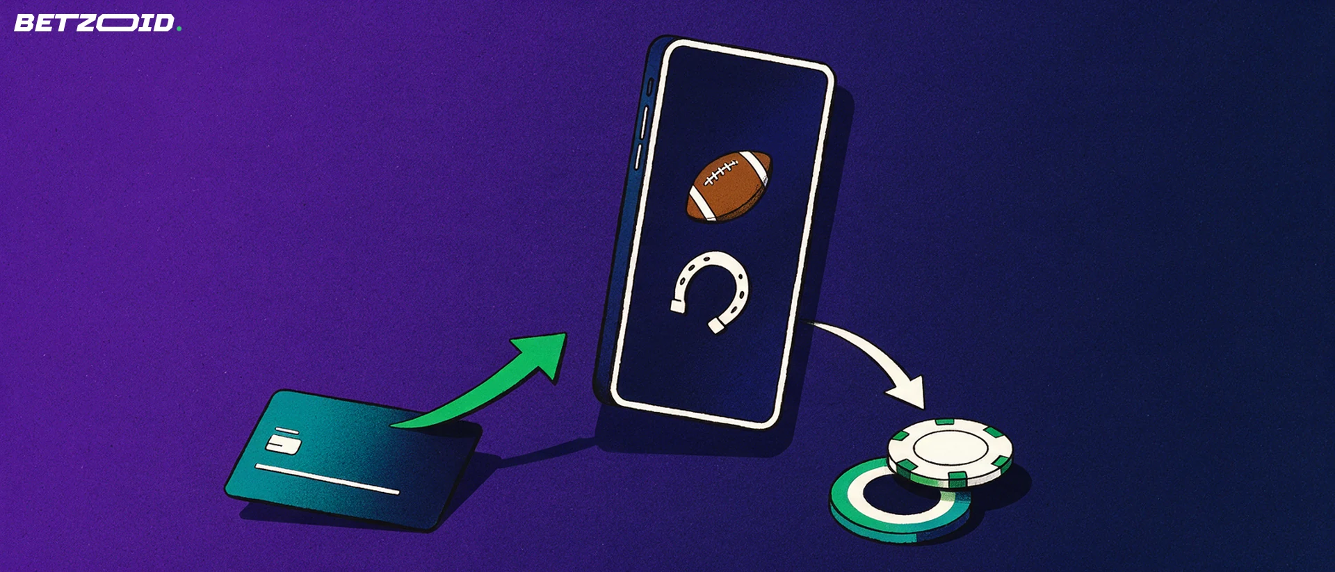 Illustration of a smartphone with football and horseshoe symbols on screen, linked by curved arrows to a plain payment card and betting chips.