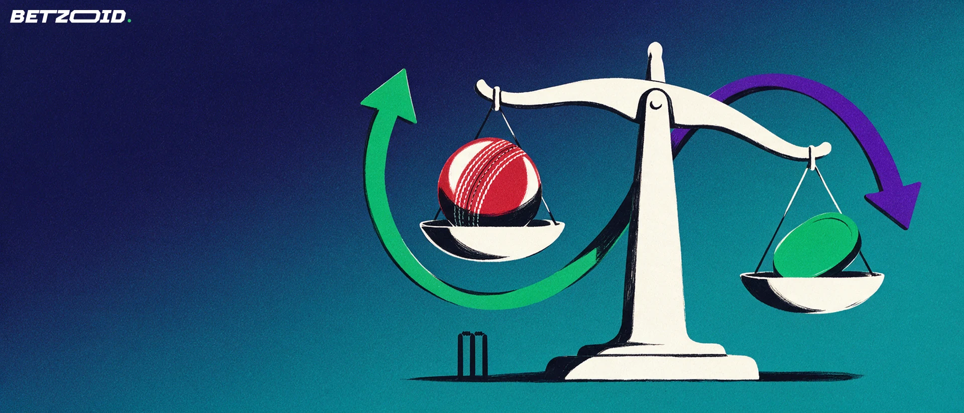 Illustration of a balance scale holding a cricket ball on one pan and a plain betting chip on the other, with two opposing curved arrows around it.