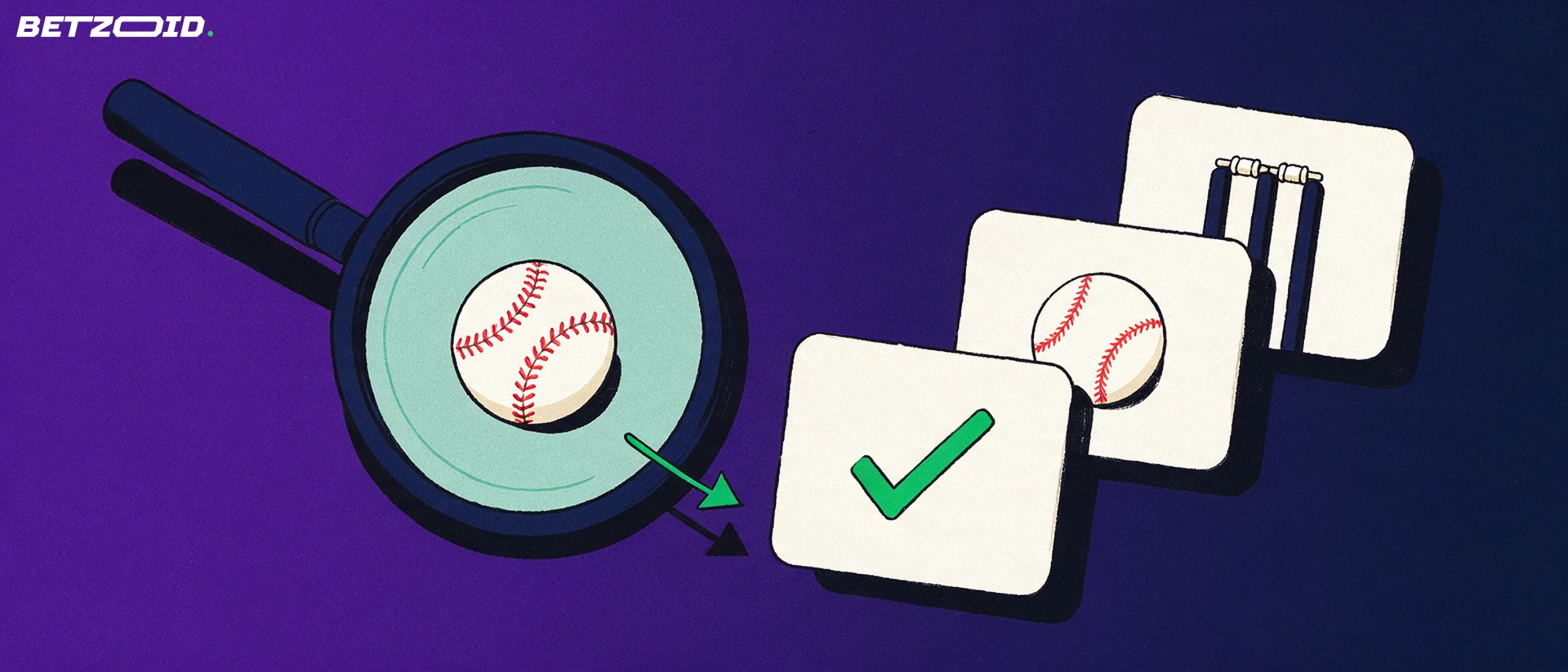 Illustration of a magnifying glass inspecting stacked cards showing a cricket ball, wicket stumps and a checkmark.