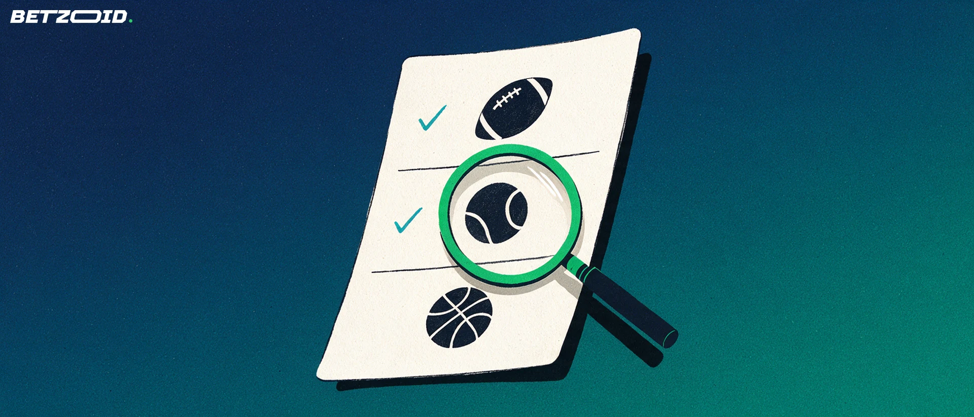 Illustrazione di una grande lente d'ingrandimento che esamina una schedina con simboli di calcio, tennis e basket