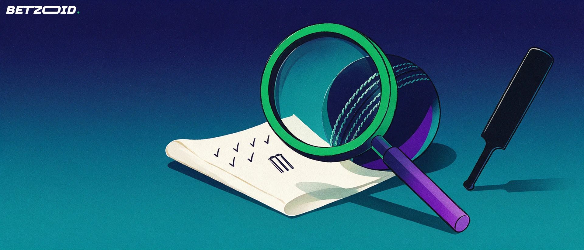 Illustration of a magnifying glass examining a betting slip with tick marks beside a cricket ball and bat.