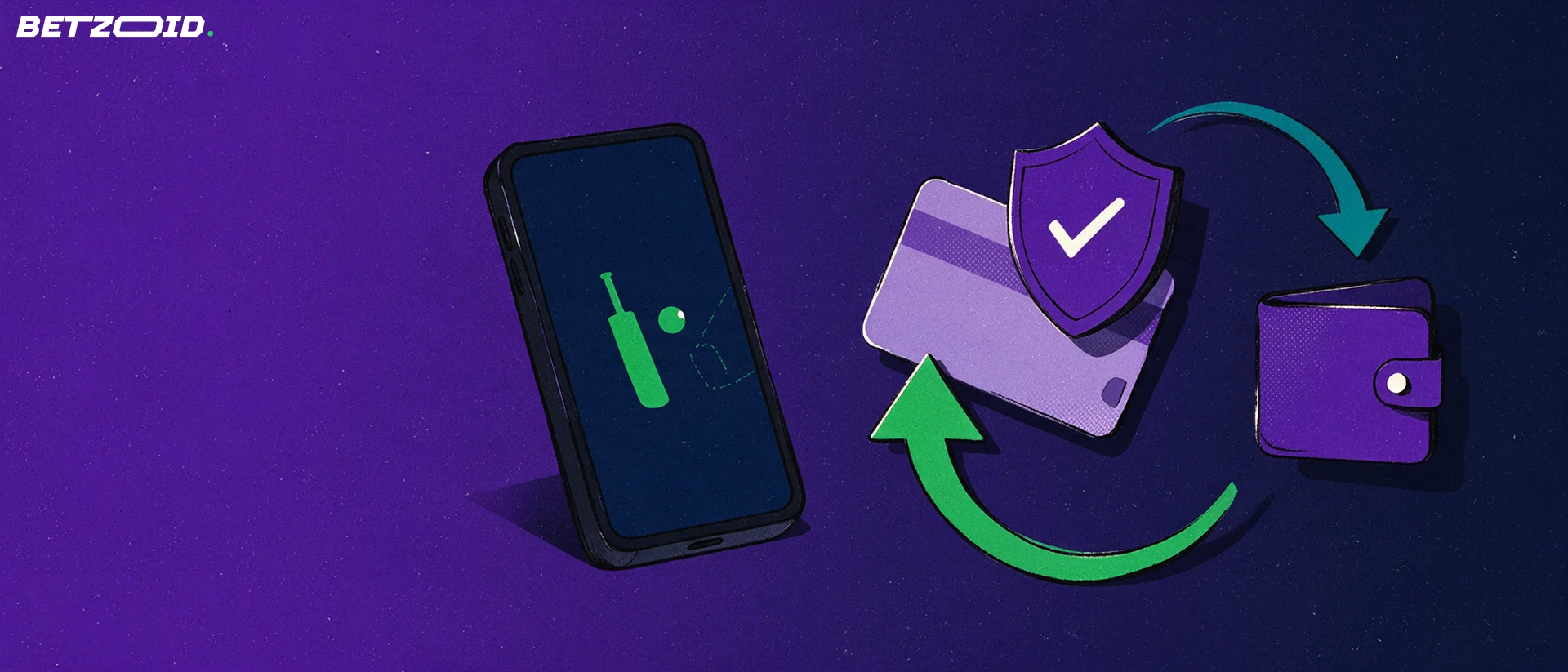 Illustration of a smartphone showing a cricket betting symbol next to a security shield, a blank payment card and arrows into a wallet.