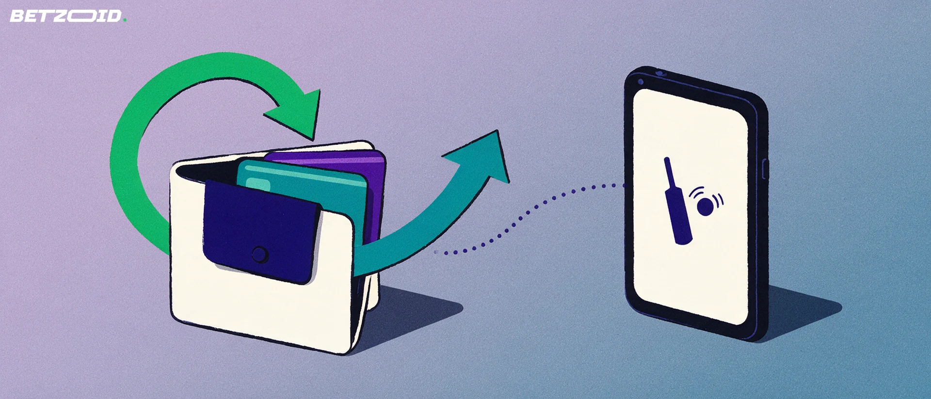 Illustration of a wallet with cards and curved deposit and withdrawal arrows beside a small device showing a cricket bat and ball symbol.